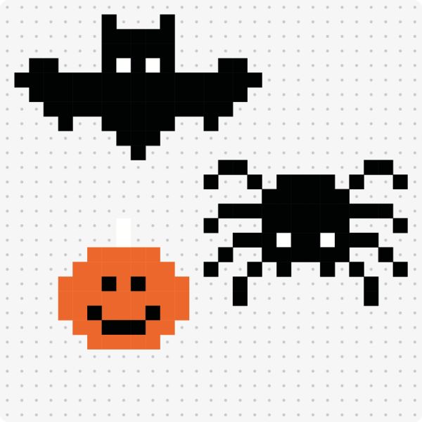 Bügelperlenvorlage für das Motiv Kürbis, Fledermaus und Spinne